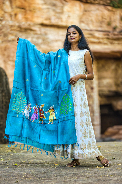 Diorama Designs Pattachitra Munga Silk Turquoise Handpainted Dupatta