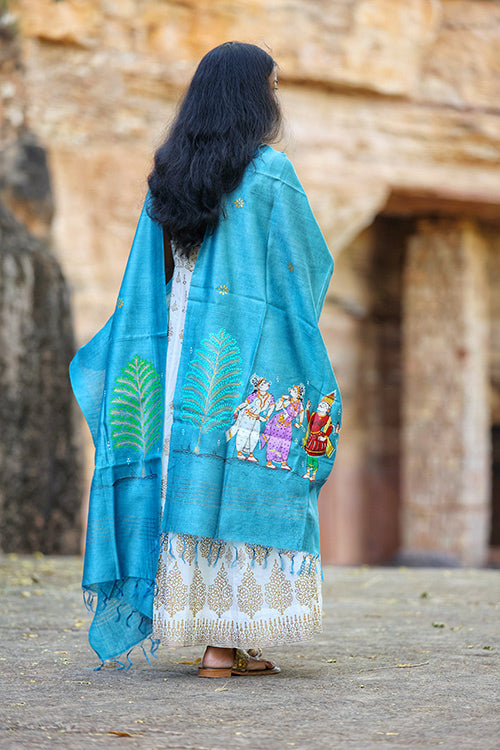 Diorama Designs Pattachitra Munga Silk Turquoise Handpainted Dupatta