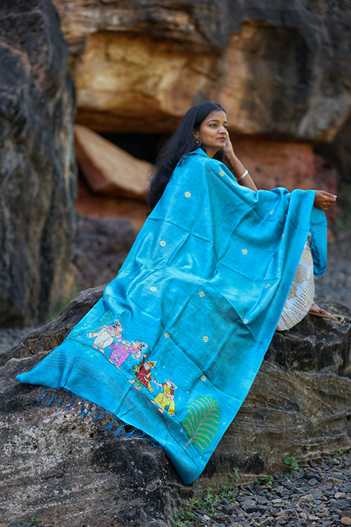 Diorama Designs Pattachitra Munga Silk Turquoise Handpainted Dupatta