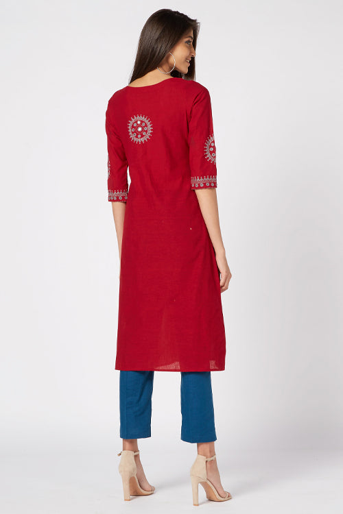 Okhai 'Red Ruby' Embroidered Cotton Kurta