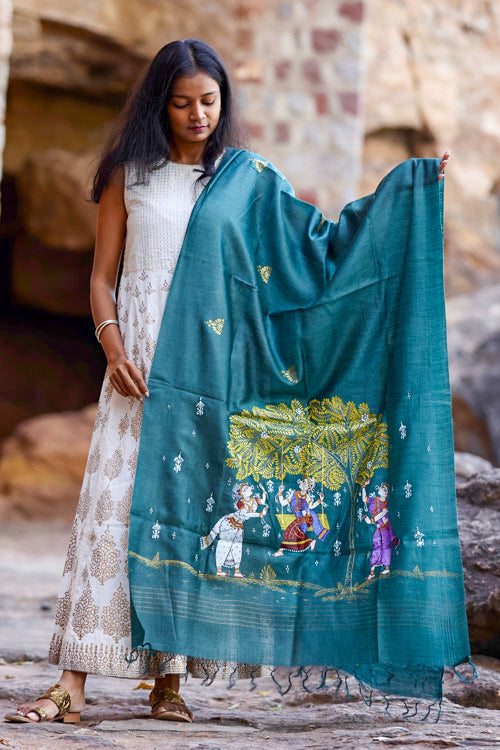 Diorama Designs Pattachitra Teal Grey Handpainted Munga Silk Dupatta