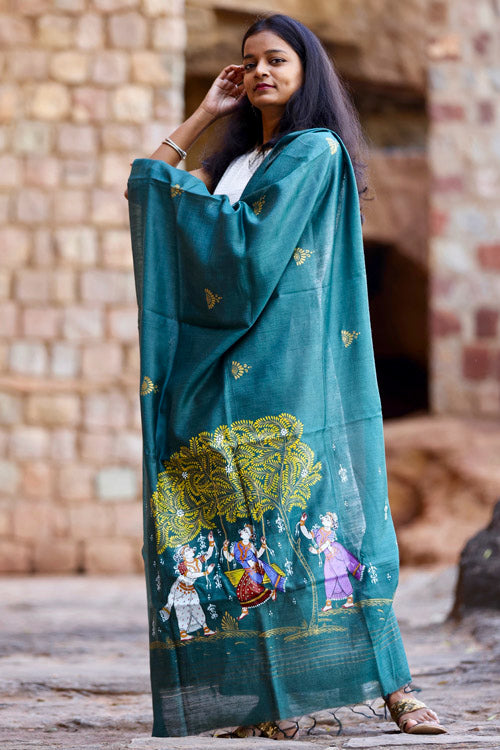 Diorama Designs Pattachitra Teal Grey Handpainted Munga Silk Dupatta