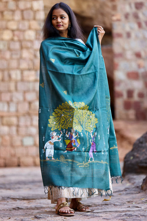 Diorama Designs Pattachitra Teal Grey Handpainted Munga Silk Dupatta