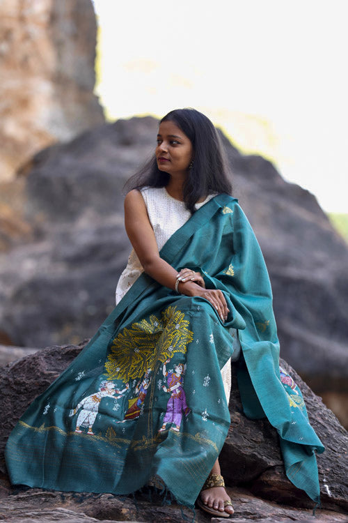 Diorama Designs Pattachitra Teal Grey Handpainted Munga Silk Dupatta