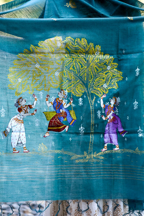 Diorama Designs Pattachitra Teal Grey Handpainted Munga Silk Dupatta