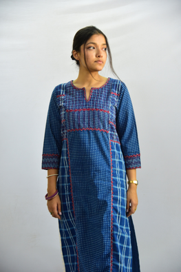  Sadhna Aabh Blue Applique Work Long Cotton Kurta For Women Online
