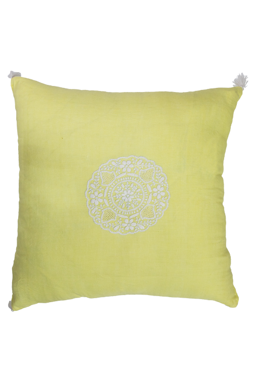 Samuday Craft Yellow Linen Cushions Cover With Chikankari Embroidery