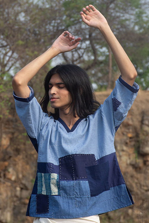 Patch Over Patch Indigo Patched Classic V Neck Top