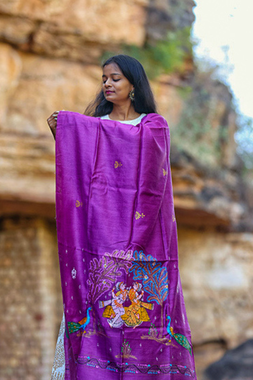 Diorama Designs Munga Silk Pattachitra Handpainted Dupatta