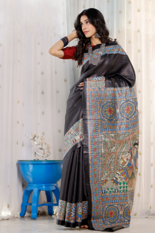 Diorama Designs Madhubani Hand-painted Radha Krishna Silk Saree