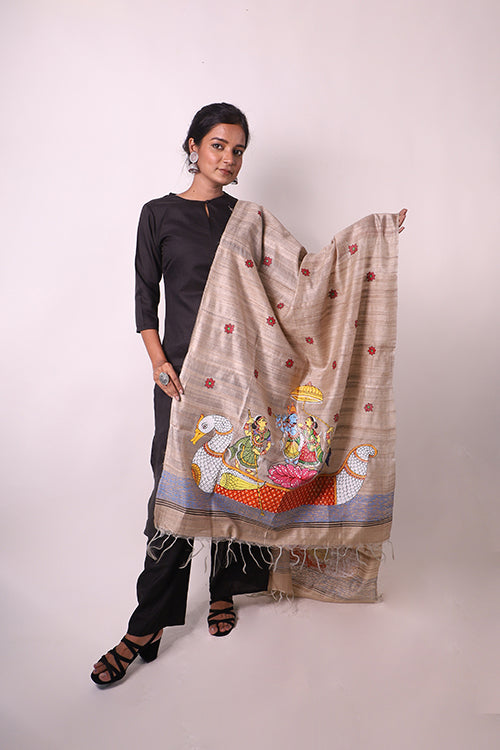 Diorama Designs Pattachitra Handpainted Tussar Silk "Krishna Leela" Dupatta