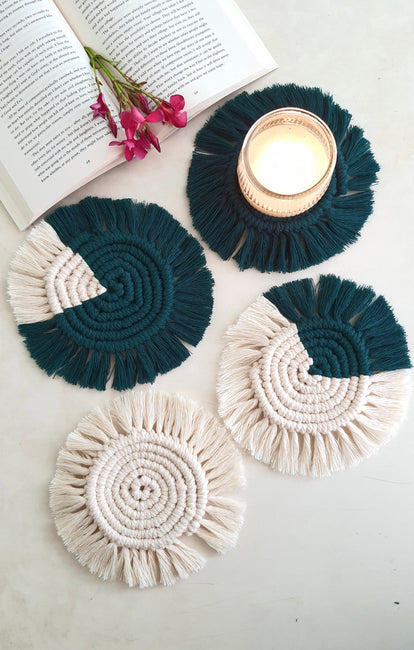 "House of Macrame "Macrame Round Coasters - Off white & Forest green ( set of 4)
