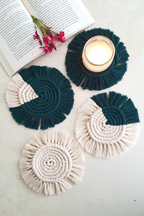 "House of Macrame "Macrame Round Coasters - Off white & Forest green ( set of 4)
