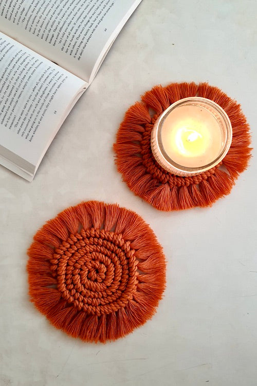 "House of Macrame" Macrame Round Coasters - Brown ( set of 2)