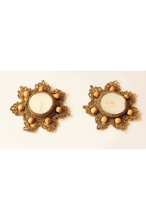 "Svatanya" Handcrafted Eco-Friendly Crochet & Zari T-Light  with Wooden Beads Set of 2
