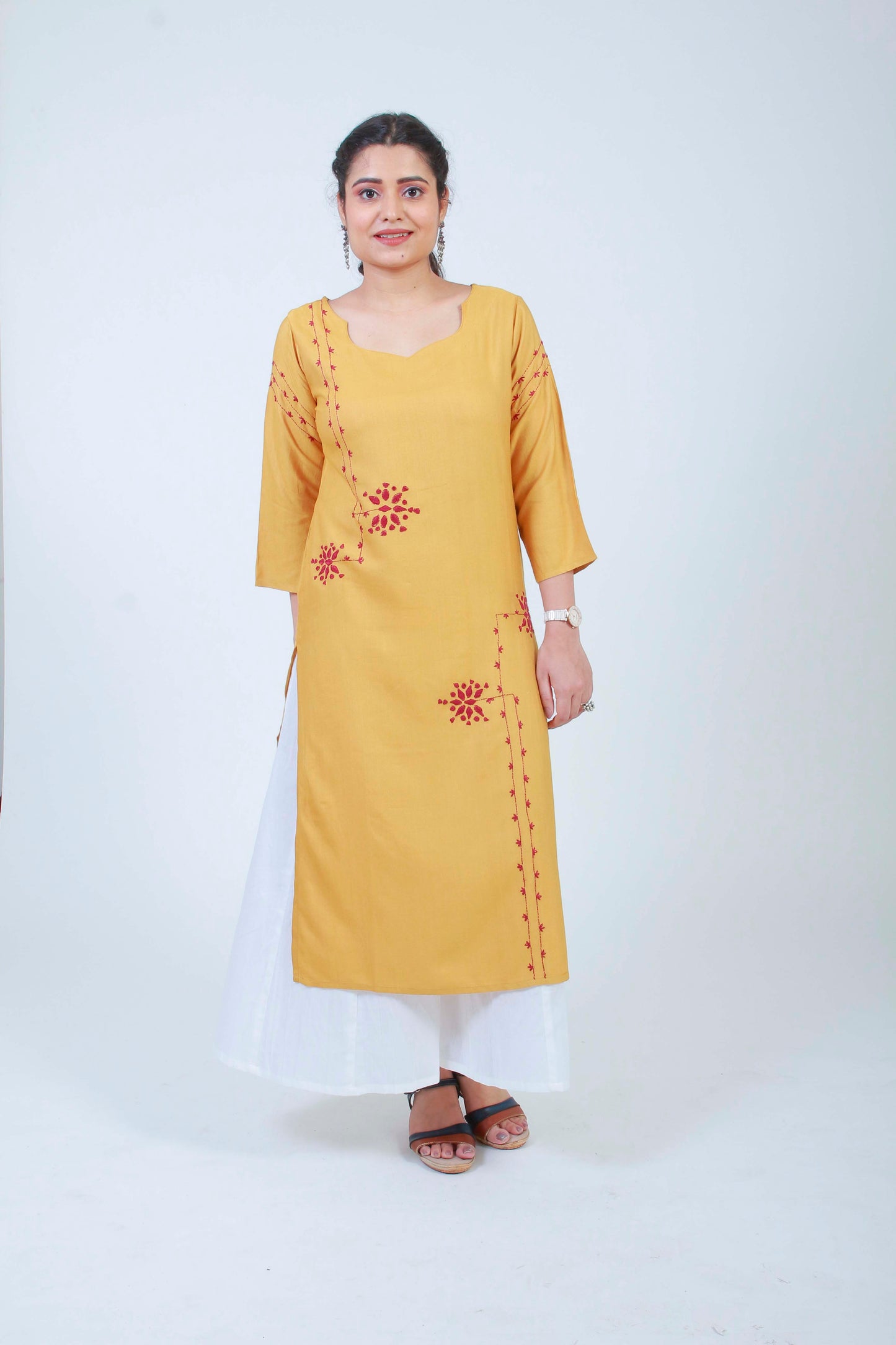 Urmul Barkat Yellow Hand Embroidered Ochre Cotton Silk Kurta Online
