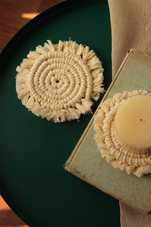 "House of Macrame" Macrame Round Coasters - Off white ( set of 2)