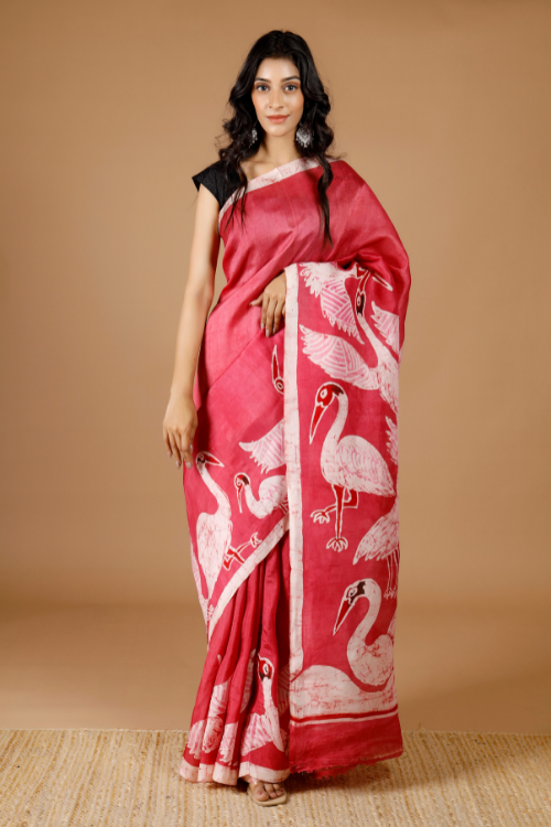 GC 'Swan' Handwoven Hand Batik Mulberry Pure Silk Saree Online