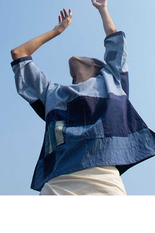 Patch Over Patch Indigo Patched Classic V Neck Top