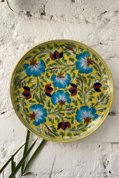 Blue Pottery Handcrafted Wall Hanging Plate Yellow