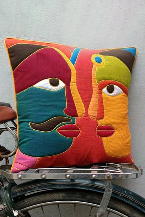 Bun.Kar Bihar 'Nar-Nari' Sujini & Applique Embroidery Cotton Cushion Cover