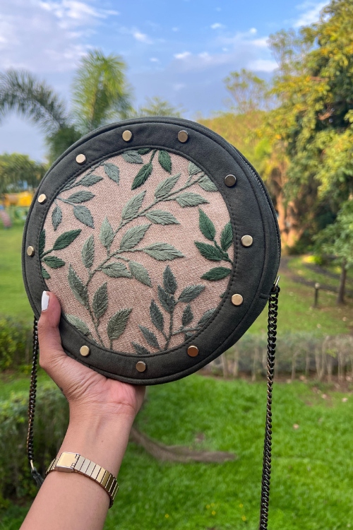 Dhaaga Leafy Green Stud Round Sling Bag