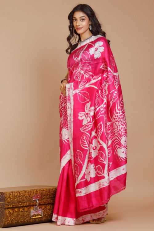 GC 'Fern Cherry' Handwoven Hand Batik Mulberry Pure Silk Saree Online