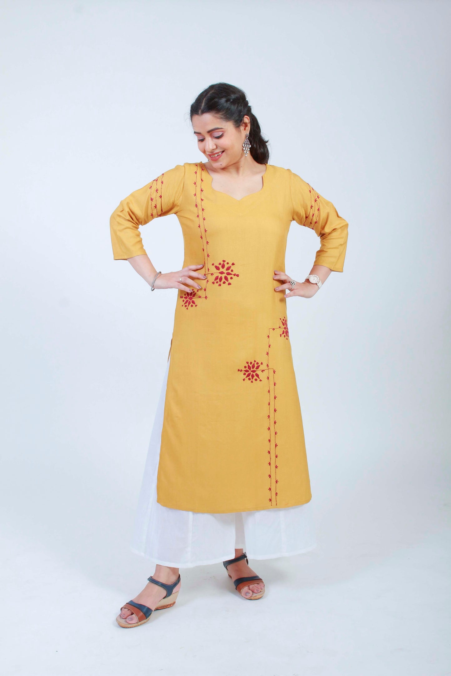 Urmul 'Barkat' Ochre Hand Embroidered cotton Silk Kurta