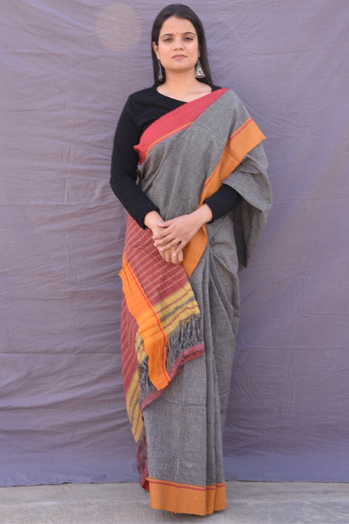 Red Mustard Border Patteda Anchu Ready To Wear Saree Online