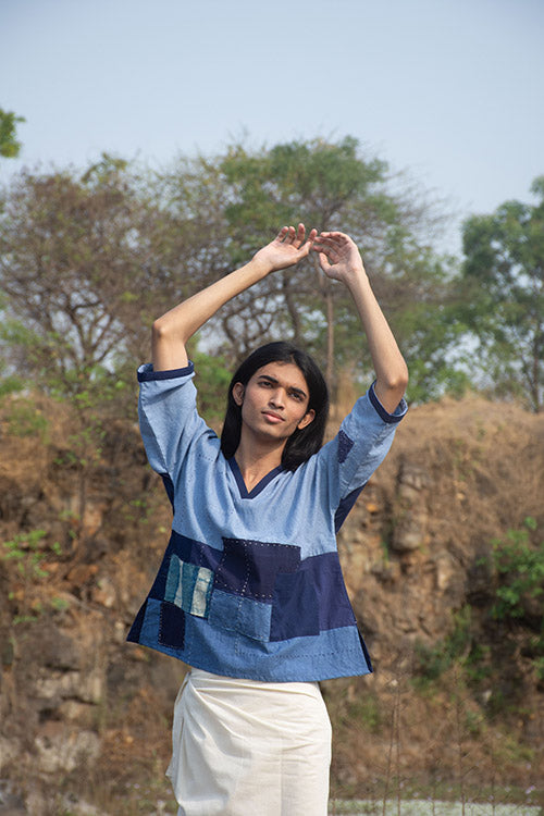 Patch Over Patch Indigo Patched Classic V Neck Top