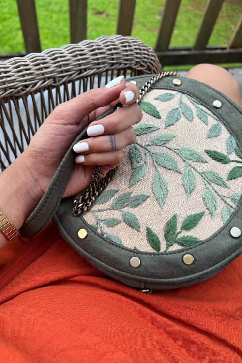 Dhaaga Leafy Green Stud Round Sling Bag