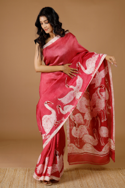 GC 'Swan' Handwoven Hand Batik Mulberry Pure Silk Saree Online