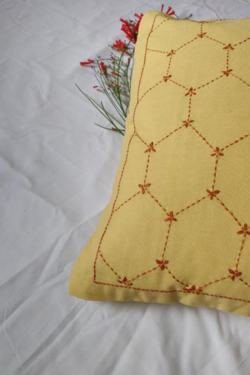 Porgai 'Honeycomb' Hand Embroidered Cotton Cushion Cover Yellow-11