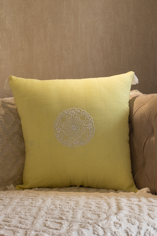 Samuday Craft Yellow Linen Cushions Cover With Chikankari Embroidery