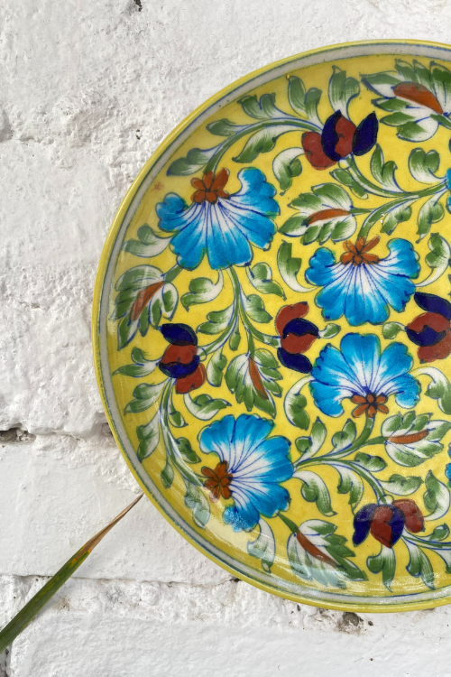 Blue Pottery Handcrafted Wall Hanging Plate Yellow