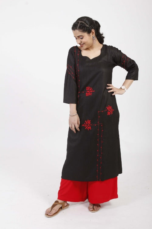 Urmul Fatima Hand Embroidered Black Cotton Silk Kurta Online