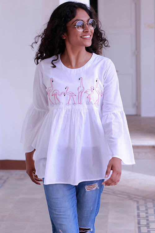 Okhai "Flamingo Feathers" Embroidery Work Top