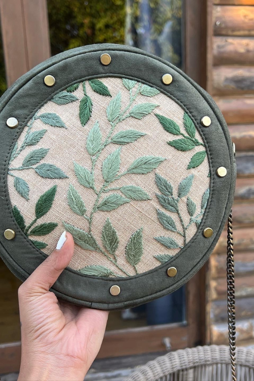 Dhaaga Leafy Green Stud Round Sling Bag