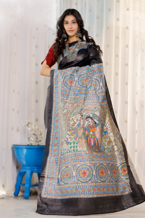 Diorama Designs Madhubani Hand-painted Radha Krishna Silk Saree