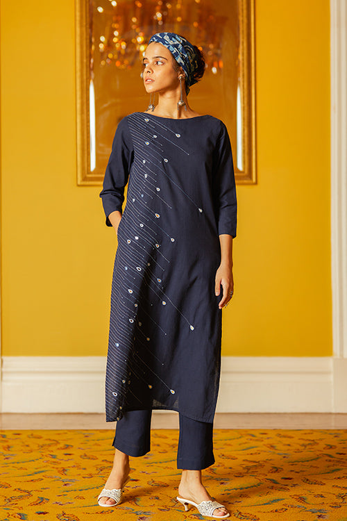 Okhai 'Baarish' Hand Embroidery Mirror Work Cotton Kurta-Pant Set