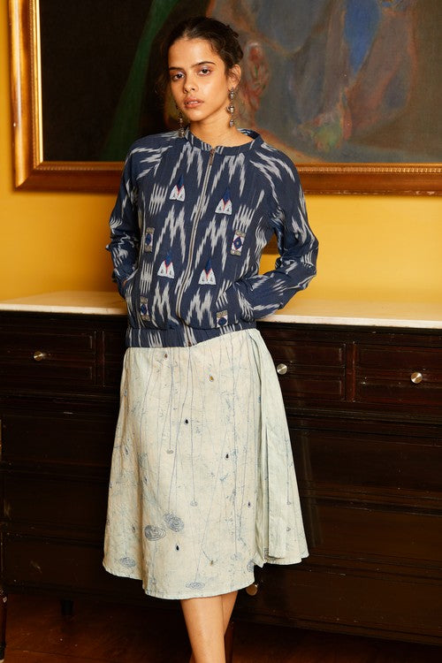 Okhai 'Rain Dance' Hand Embroidered Mirror Work Pure Cotton Ikat Jacket