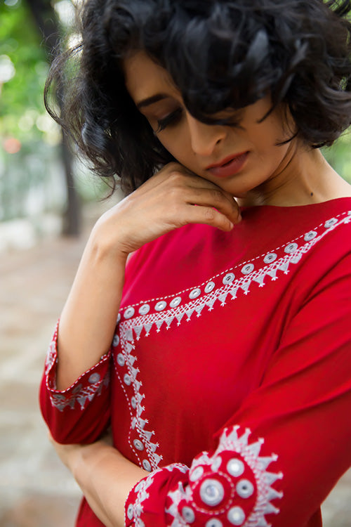 Okhai 'Red Ruby' Embroidered Cotton Kurta