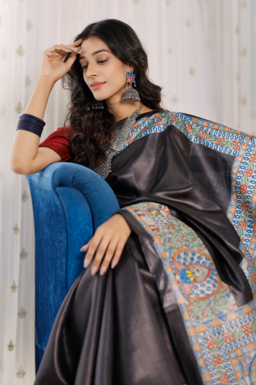 Diorama Designs Madhubani Hand-painted Radha Krishna Silk Saree