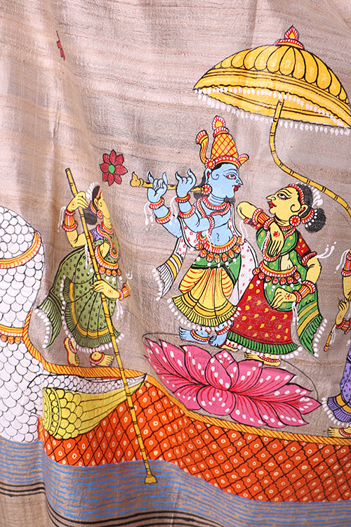 Diorama Designs Pattachitra Handpainted Tussar Silk "Krishna Leela" Dupatta