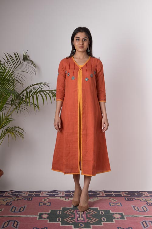 Urmul Anmol Hand Embroidered Orange Kota Doria Kurti Set For Women Online