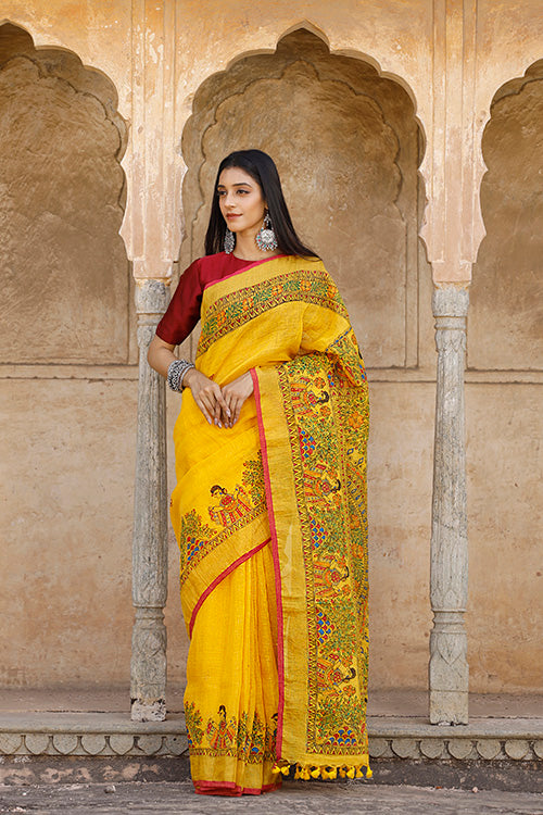 Diorama Designs Madhubani Hand-painted Pure Linen Saree