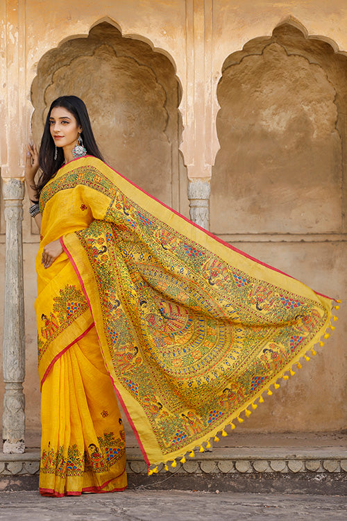 Diorama Designs Madhubani Hand-painted Pure Linen Saree
