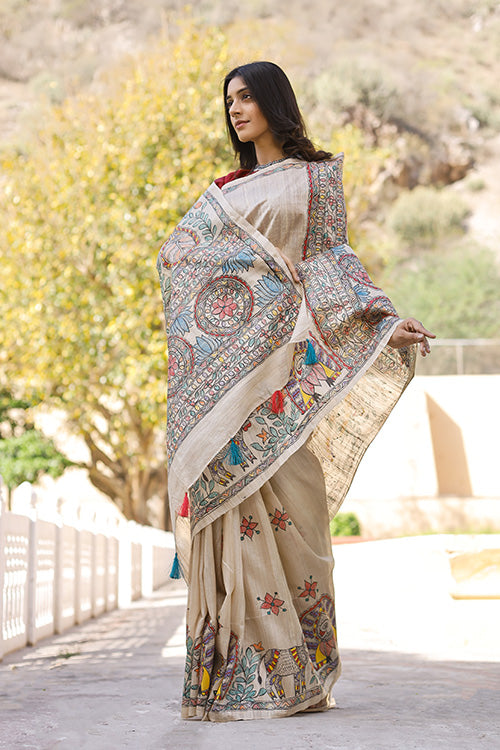 Diorama Designs Madhubani Hand-painted Krishna Raas Silk Saree