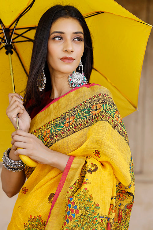 Diorama Designs Madhubani Hand-painted Pure Linen Saree