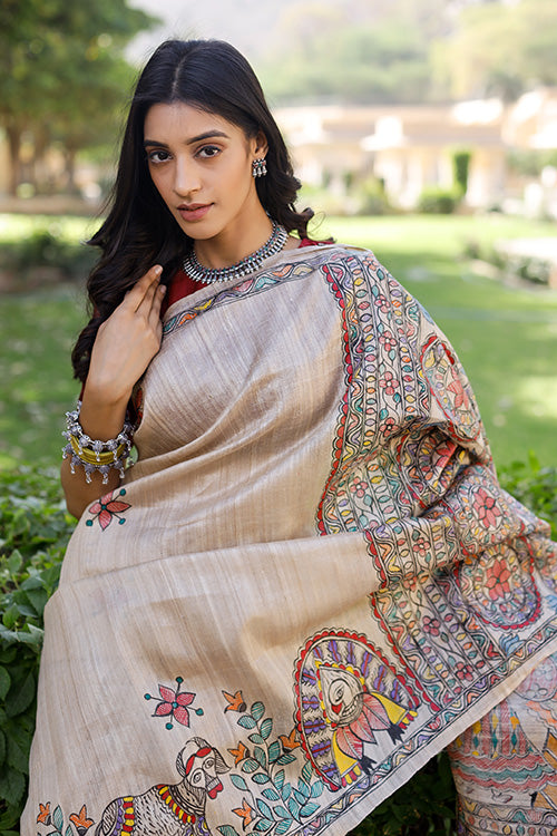 Krishna Raas Hand Painted Tussar Silk Madhubani Saree Online